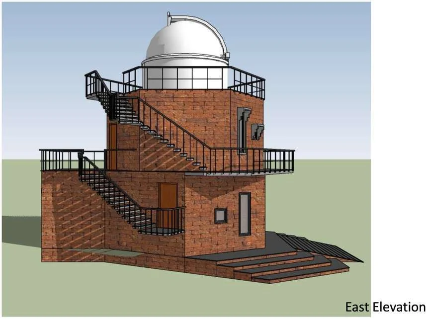 Architectural design for HONTARA showing a laterite building with outdoor stairs, viewing terraces and a rooftop dome