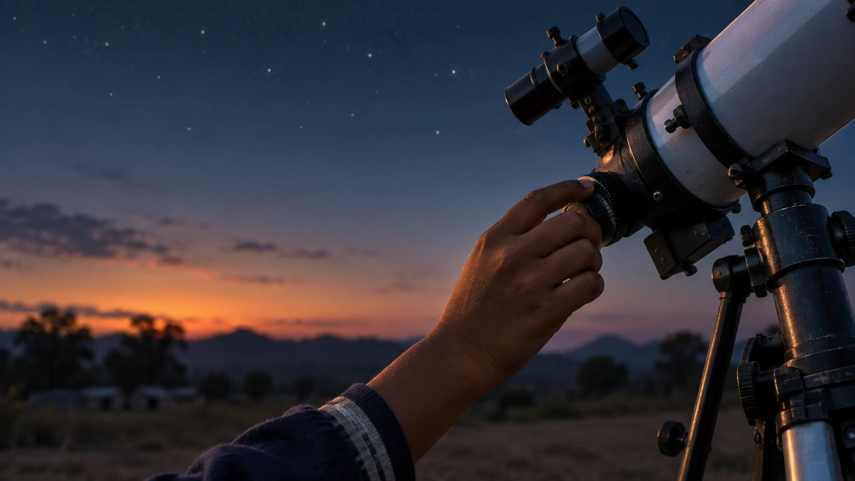 Illustration of a learner adjusting the focus of a telescope at dusk